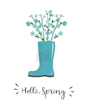 Bouquet of blue flowers in blue rain boot. Spring primrose flowers. Hello Spring concept. Floral composition. Vector illustration on white