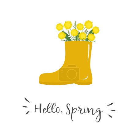Illustration for Dandelions in yellow rain boot. Yellow spring flowers. Hello Spring concept. Floral composition. Vector illustration on white - Royalty Free Image