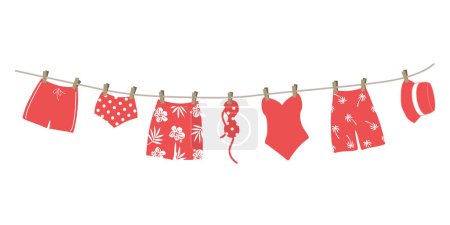 Maillots de bain rouges et maillots de bain suspendus à une corde à linge. Belle tenue de bain sèche sur les pinces à linge après la baignade. Illustration vectorielle d'été en couleurs rouges