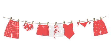 Red swimsuits and swimming trunks hanging on a clothesline. Beautiful swim wear dry on clothespins after swimming. Summer vector illustration in red colors