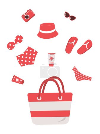 Beach accessories falling into a beach bag. Red swimsuit, swimming trunks, hat, sunglasses, flip flops, sunscreen, camera. Hello Summer Concept. Vector illustration on white