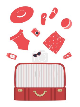 Beach accessories falling into a red suitcase. Red swimsuit, swimming trunks, hat, sunglasses, flip flops, sunscreen, camera. Packing suitcase for summer vacation. Hello Summer. Vector illustration