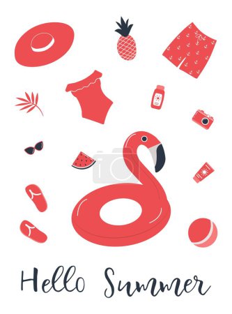 Beach accessories isolated on white. Red swimsuit, swimming trunks, hat, sunglasses, flip flops, sunscreen, camera, flamingo swimming ring, watermelon. Things for summer vacation. Hello Summer Vector