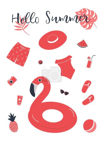 Beach accessories isolated on white. Red swimsuit, swimming trunks, hat, sunglasses, flip flops, sunscreen, camera, flamingo swimming ring, watermelon. Things for summer vacation. Hello Summer Vector