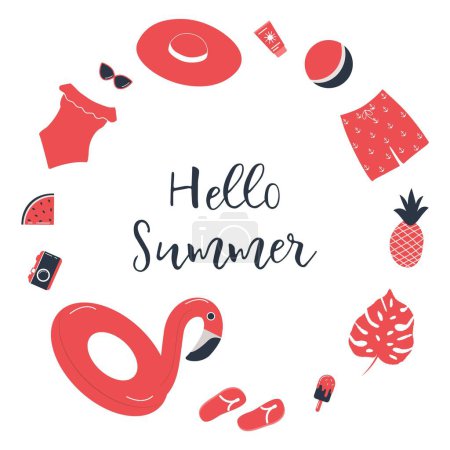 Red Beach Accessories. Set. Hello Summer concept. Swimsuit, swimming trunks, hat, sunglasses, flip flops, sunscreen, camera, flamingo swimming ring, watermelon, pineapple, ice cream, ball. Vector