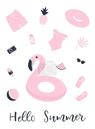 Pink Beach accessories isolated on white. Swimsuit, swimming trunks, hat, sunglasses, flip flops, sunscreen, camera, flamingo swimming ring, watermelon. Things for summer vacation. Hello Summer Vector