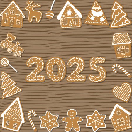 Christmas cookies on wooden background. Holiday background. Gingerbread houses, Santa Claus, deer, fir trees, gingerbread man, train, stars, heart and numbers of the 2025 year. Vector illustration