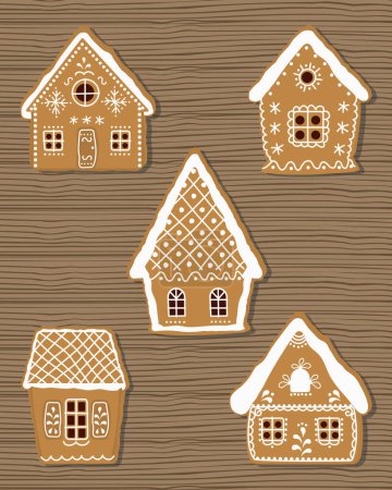 Gingerbread Houses Set. Christmas cookies. Vector illustration on wooden background