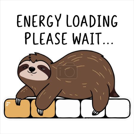 T-Shirt-Design mit Faultier auf Ladestangen mit dem Text "Energy Loading Please Wait"