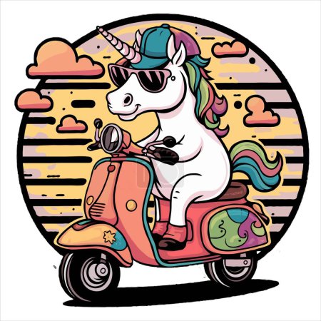 T-shirt design with Unicorn with sunglasses riding a scooter.