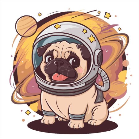 Ilustración de Diseño camiseta con Pug en casco astronauta con fondo cósmico - Imagen libre de derechos