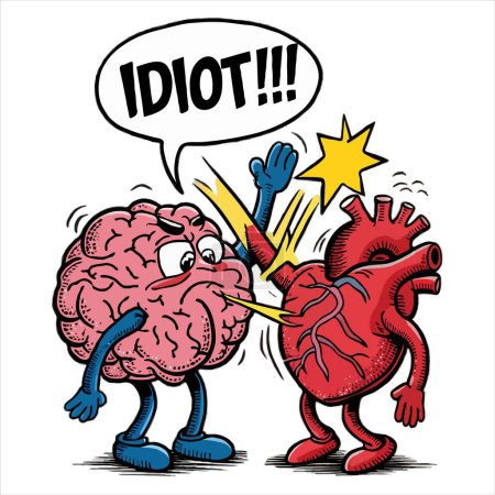 Illustration for T-shirt design with Brain character hitting a Heart character with "IDIOT!!!" speech bubble. - Royalty Free Image
