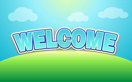 Illustration for Welcome text logo vector with nature landscape illustration cartoon style. Beautiful spring landscape cartoon with green grass and blue sky - Royalty Free Image