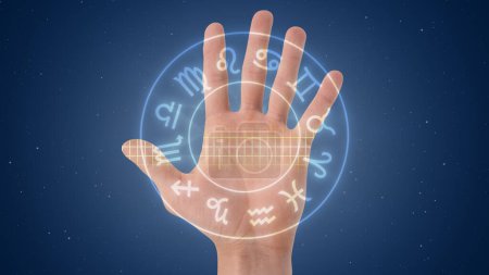 A palm with a palmistry scanner on a background of space