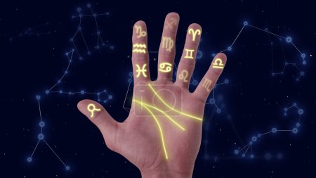Constellation background with a palmistry hand