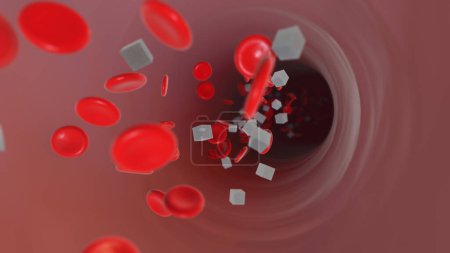 Foto de Glóbulos rojos y cubos diabéticos que fluyen a través de la arteria - Imagen libre de derechos
