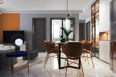 Luxus-Ledersessel-Set, Decken-LED-Licht, klassische Tischleuchte in einem luxuriösen Speisesaal Innenraum