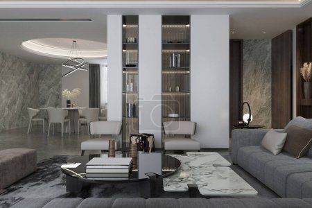 Téléchargez les photos : Design d'intérieur de salon moderne et tendance avec unité murale blanche, fauteuil Chic - en image libre de droit