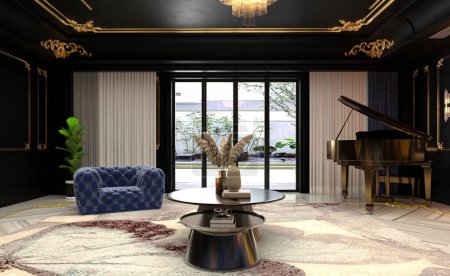 Téléchargez les photos : Architecture de salon et idées de design d'intérieur pour un salon intelligent, canapé, piano et installation de porte en verre - en image libre de droit