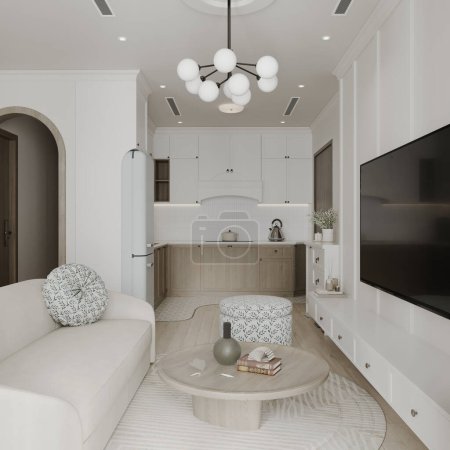 Téléchargez les photos : Studio Appartement salon design intérieur avec placement de télévision, canapé blanc, table Freez - en image libre de droit