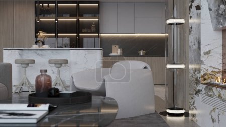 Téléchargez les photos : Design intérieur moderne du salon avec canapé et table basse derrière la vitrine - en image libre de droit