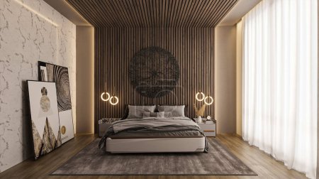 Photo for Double room interior design with modern furniture and wall design artwork and stylish background - Royalty Free Image