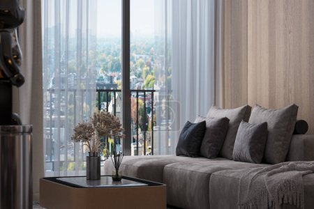Photo for Beautiful Window View from Large Window, Gray Couch and Pillows, also Black Pillows, Dried Flowers into Pot, Coffee Table For Modern Living Place - Royalty Free Image
