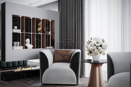 Photo for Fashionable and Elegant Couch, Fireplace, Dark Gray and White Curtain, Flowers In White Vase on the Coffee table, Luxurious Show Piece - Royalty Free Image
