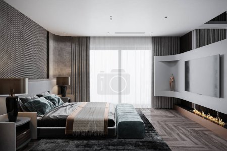 Foto de Un diseño interior del dormitorio escandinavo con ventana grande, cortina gris oscura y blanca, colocación de la TV, fondo y toques lujosos - Imagen libre de derechos