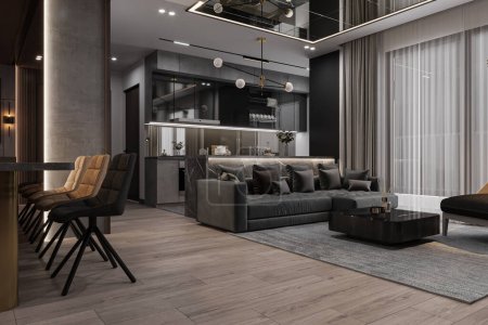 Foto de Interior negruzco en apartamento moderno con muebles modernos, piso de madera dura, techo de espejo, representación 3D - Imagen libre de derechos
