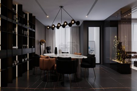 Photo for Black dining room interior with Black tile for flooring. - Royalty Free Image