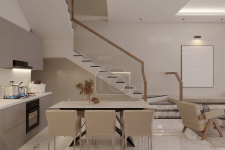 3D-Darstellung eines Wohnzimmers mit Kücheneinrichtung im Stil moderner Klassiker