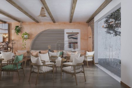 Beautiful restaurant summer terrace interior with scandinavian style