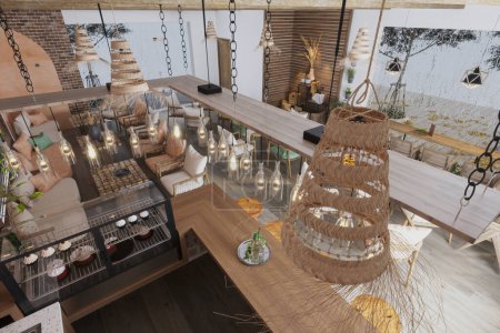 Interior of a new scandinavian restaurant and morning view