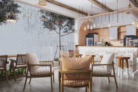 Cafetería blanca moderna interior, luz del día y zonas verdes