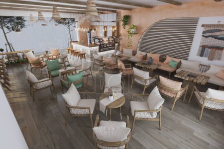 Café interior de estilo escandinavo con pared de terracota