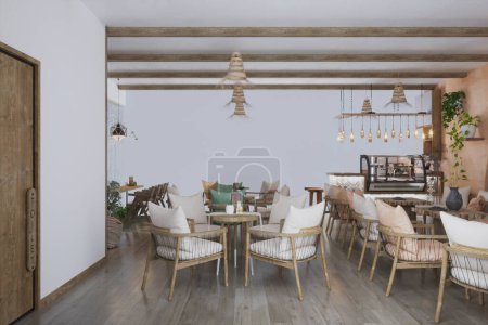 Cafetería interior de estilo escandinavo con pared blanca