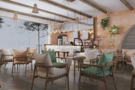 Café interior con estilo de casa de edificio industrial y plantas interiores frescas