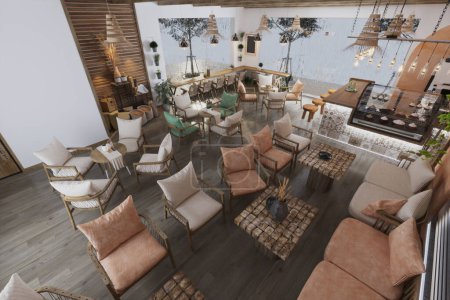 Le hall principal avec des tables en bois, des chaises et des canapés dans le café