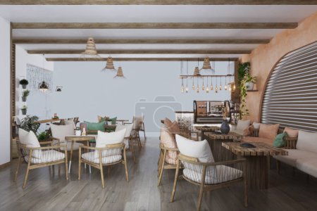 Die moderne Cafeteria verfügt über ein minimalistisches Interieur mit rustikalen Möbeln.