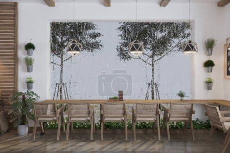 La scène met en vedette la lumière du soleil du matin qui brille en arrière-plan, avec des plantes suspendues et des chaises rustiques au premier plan