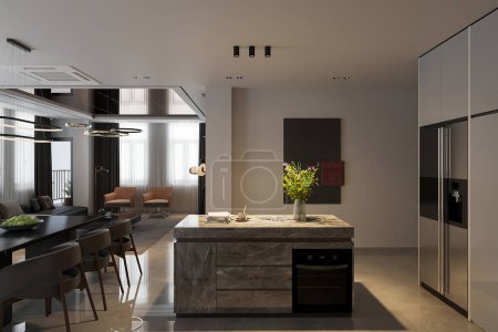 Interior Design Mock-up einer Küche schlanke Arbeitsplatten aus weißem Marmor und Geräte aus Edelstahl