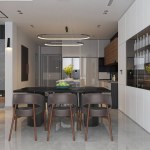 Mock up of a dining area with a kitchen cabinet and a luxurious gray dining table set