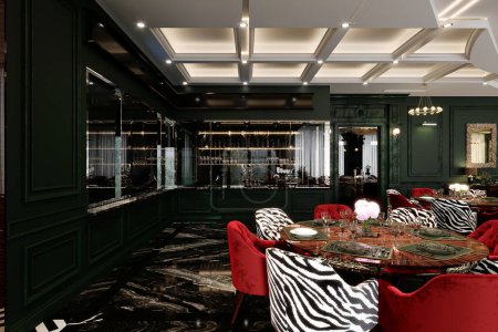 La decoración de asientos del restaurante tiene un estilo moderno y vibrante con esquema negro.