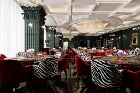 The restaurant seating decoration has a modern and vibrant style.