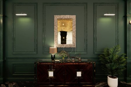 La decoración de la esquina del restaurante cuenta con pintura verde en la pared vintage, gabinete y planta.