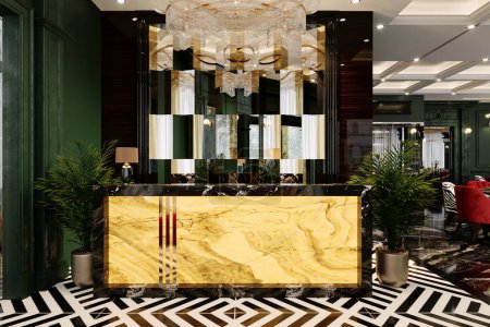 The modern restaurant has a bill and bar counter feature with a black and golden accent.