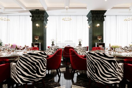 La decoración de asientos del restaurante presenta un estilo moderno y vibrante y la claraboya en la cafetería.