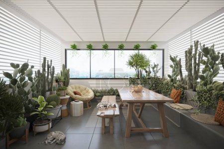 A roof top sunroom with a large window, a wooden table, a wicker chair, and many plants.