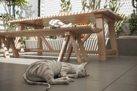 Un gato tabby está durmiendo en el suelo junto a un banco de madera en la azotea moderna